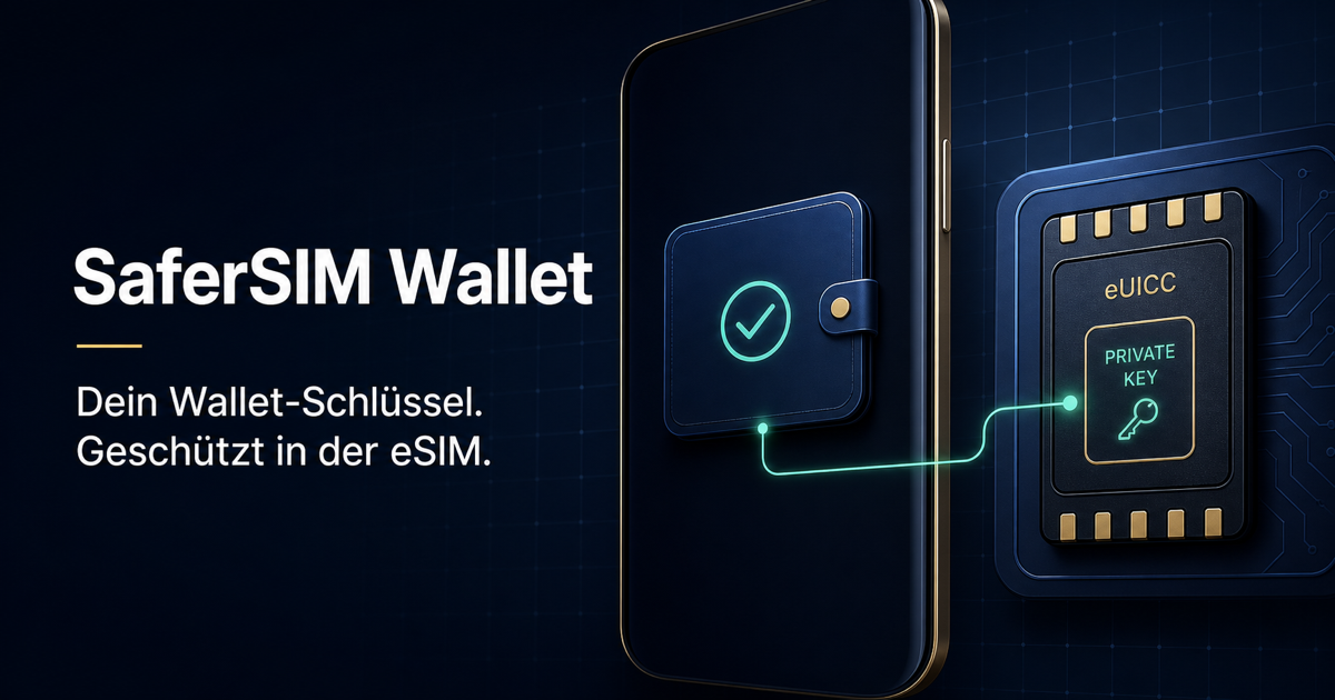 SaferSIM Wallet – Dein Wallet-Schlüssel. Geschützt in der eSIM. Illustration eines Telefons, einer Wallet und eines eUICC-Chips.