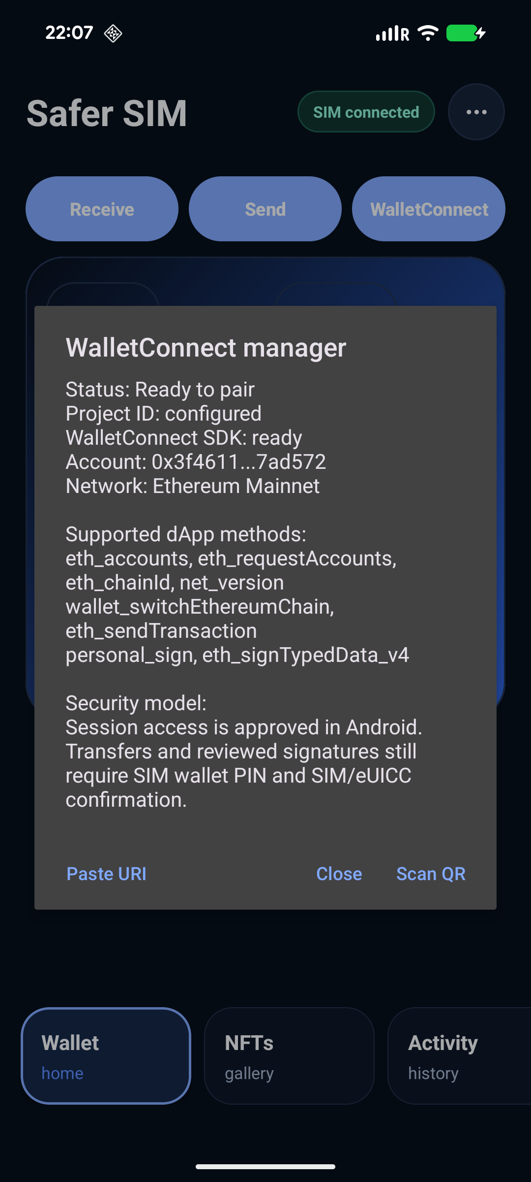 WalletConnect-Ansicht mit QR-Scan und URI-Eingabe
